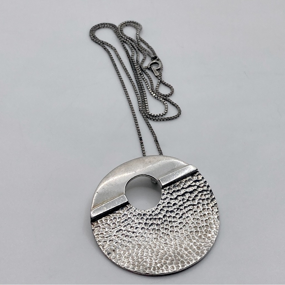 Vtg 925 Sterling Modernist Circle Pendant & Boxlink Chain 21” & 1.5” / 19.5g - Picture 2 of 10
